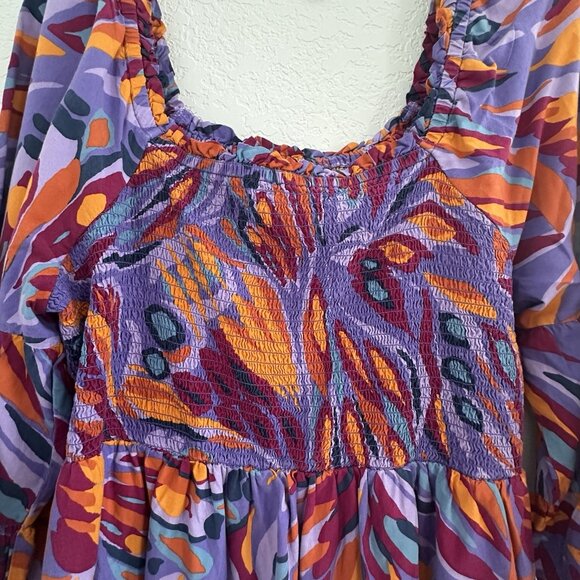 Terra & Sky Smocked Top Women's Size 1X Purple Bell S/Sleeve Artzy Abstract Boho - Picture 2 of 11